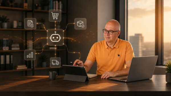 Profesional trabajando con una tableta mientras un agente de IA conecta catálogo, pedidos, facturación, datos y logística de un ecommerce B2B.